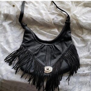Black leather half moon concho bag